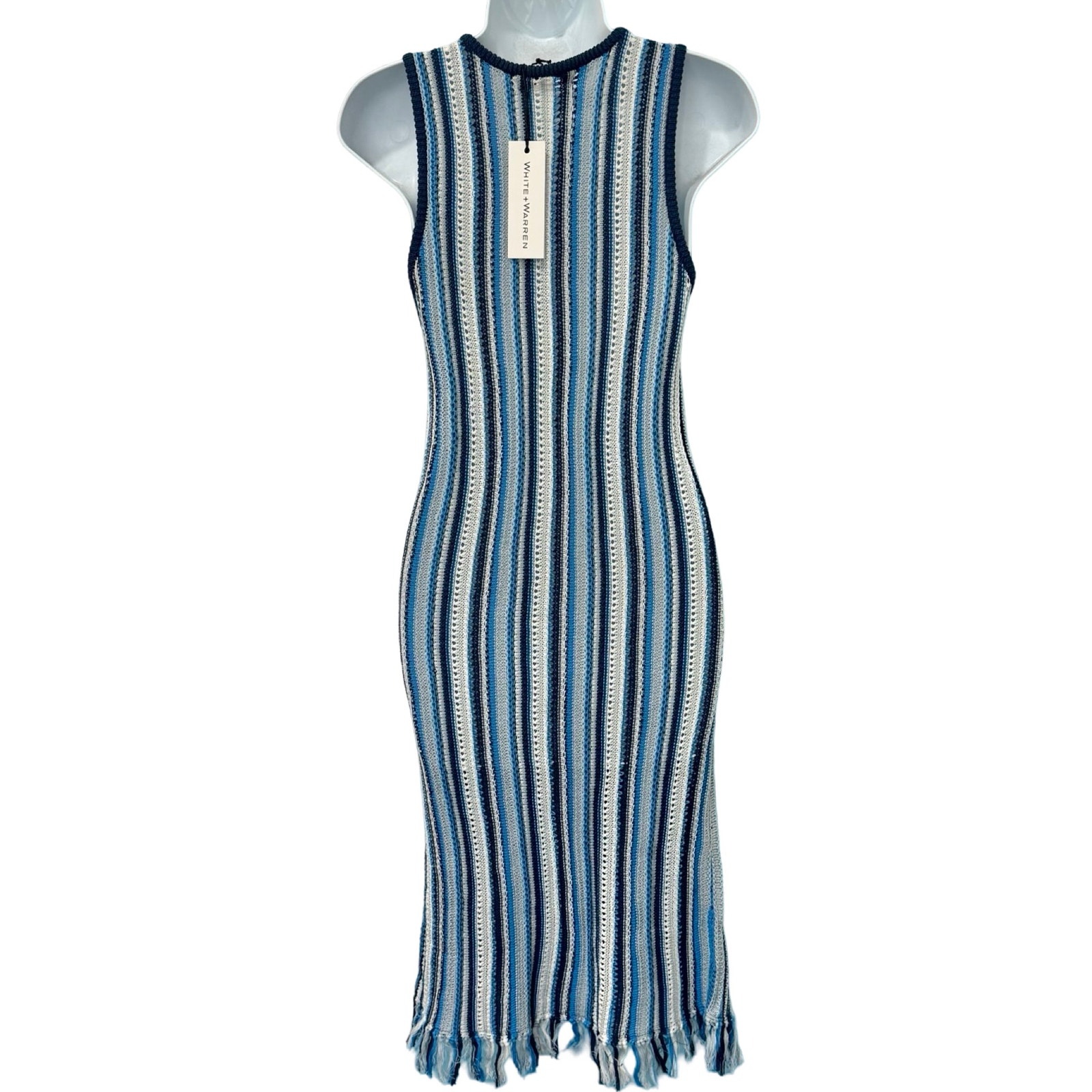White + Warren Blue White Stripe Mercerized Cotton Fringe Midi Dress Xs New Tags — image 5 of 8
